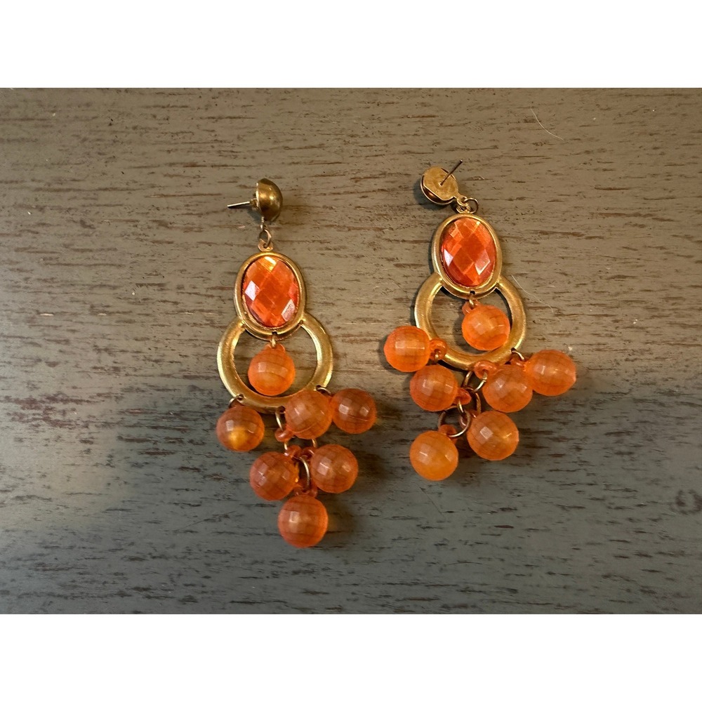 Orange Beaded Drop Earrings Gold Tone Boho Statement Dangle Post Backs